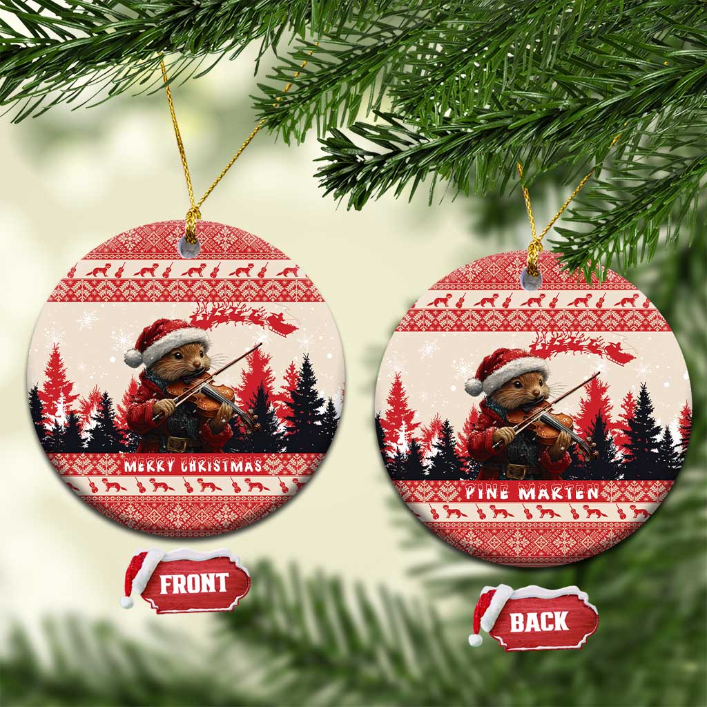 Round red-and-white ceramic Christmas ornament with pine marten playing violin, FRONT/BACK tags
