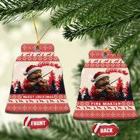 Bell-shaped red-and-white ceramic Christmas ornament set with pine marten playing violin, FRONT/BACK tags