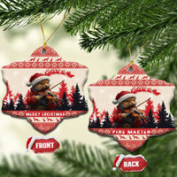 Heart-shaped red-and-white ceramic Christmas ornaments with pine marten playing violin, FRONT and BACK tags