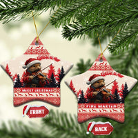 Star-shaped red-and-white ceramic Christmas ornaments with pine marten playing violin, FRONT/BACK tags