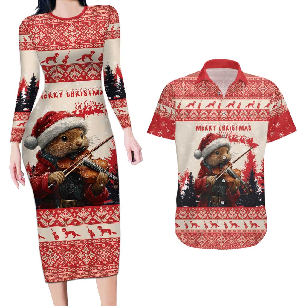 Croatia Christmas Couples Matching Long Sleeve Bodycon Dress and Hawaiian Shirt Pine Marten Playing Violin - Red Color