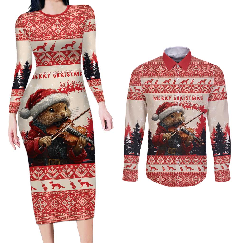 Croatia Christmas Couples Matching Long Sleeve Bodycon Dress and Long Sleeve Button Shirt Pine Marten Playing Violin - Red Color