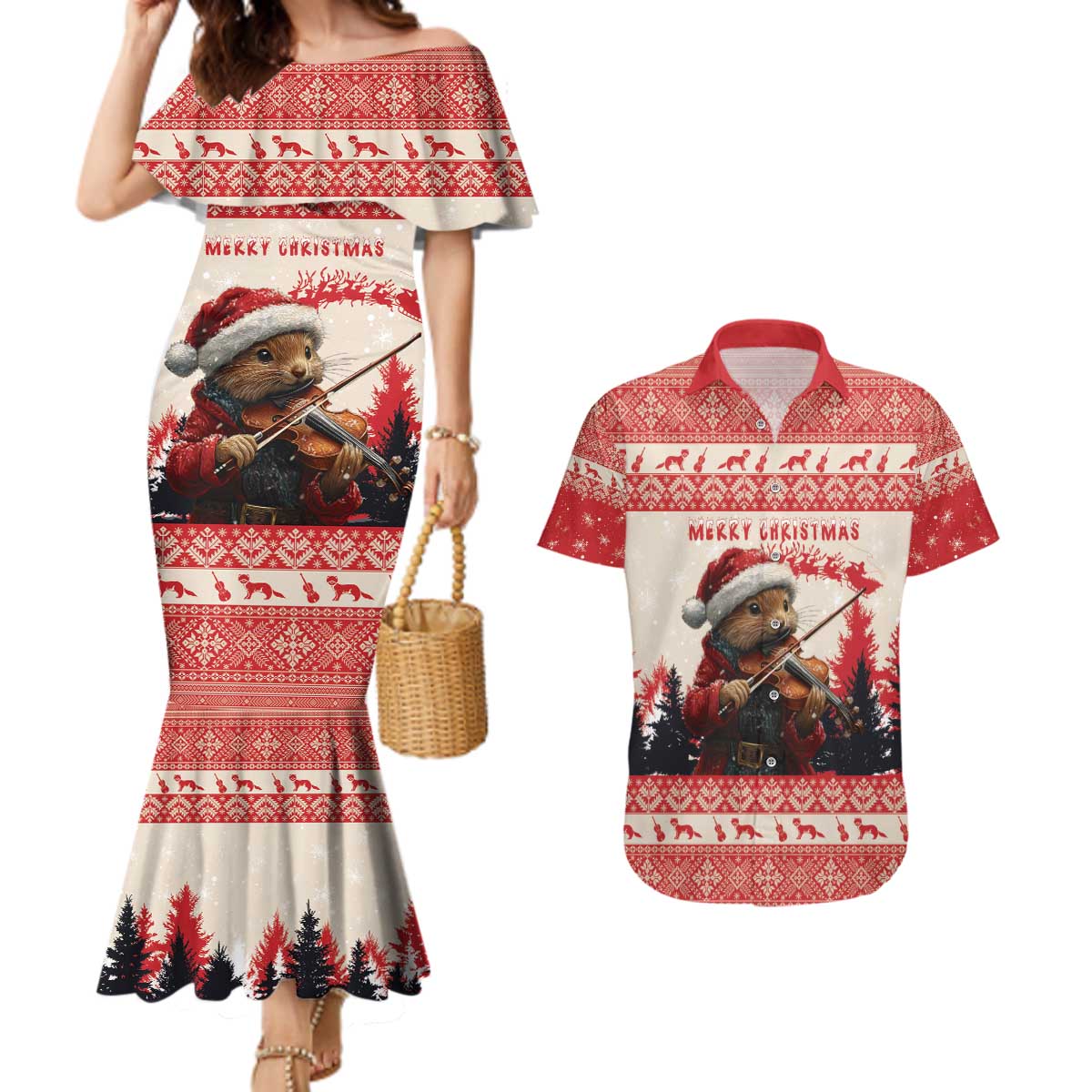 Croatia Christmas Couples Matching Mermaid Dress and Hawaiian Shirt Pine Marten Playing Violin - Red Color