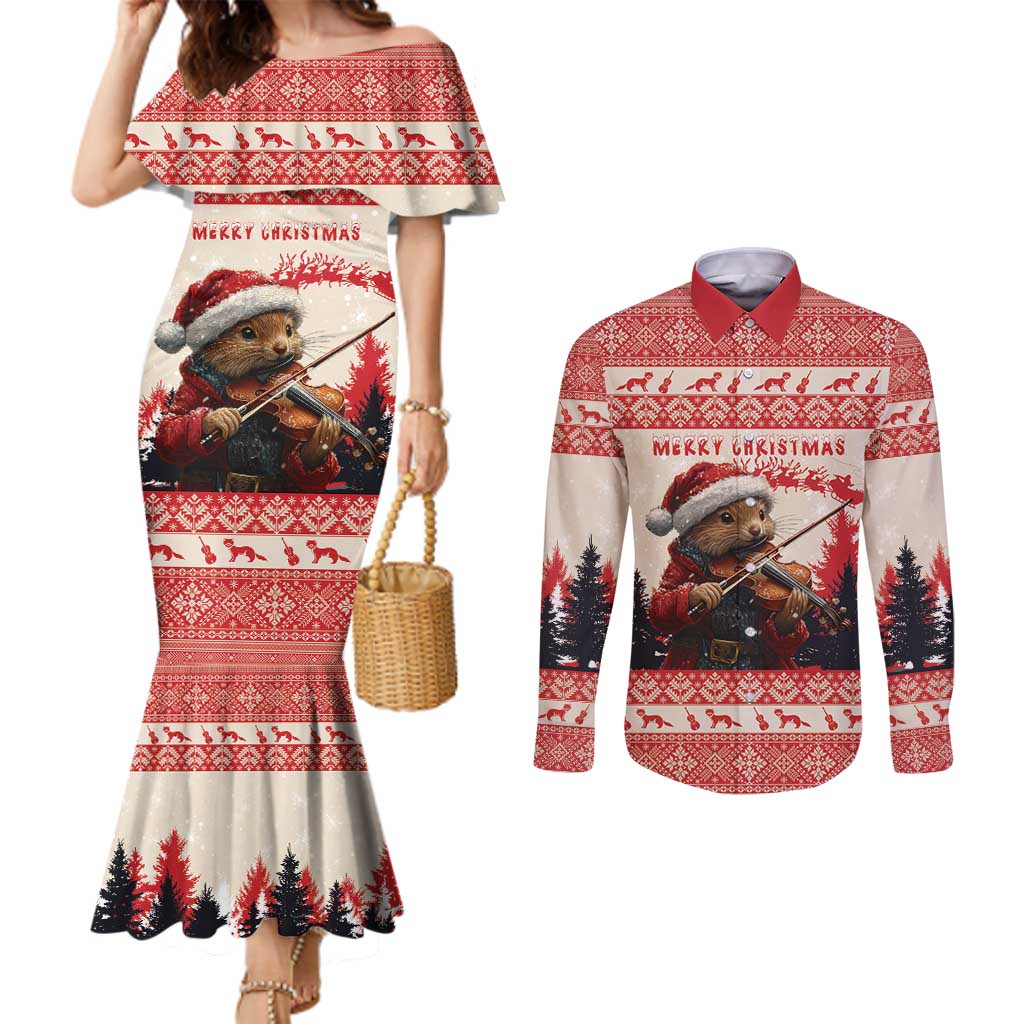 Croatia Christmas Couples Matching Mermaid Dress and Long Sleeve Button Shirt Pine Marten Playing Violin - Red Color