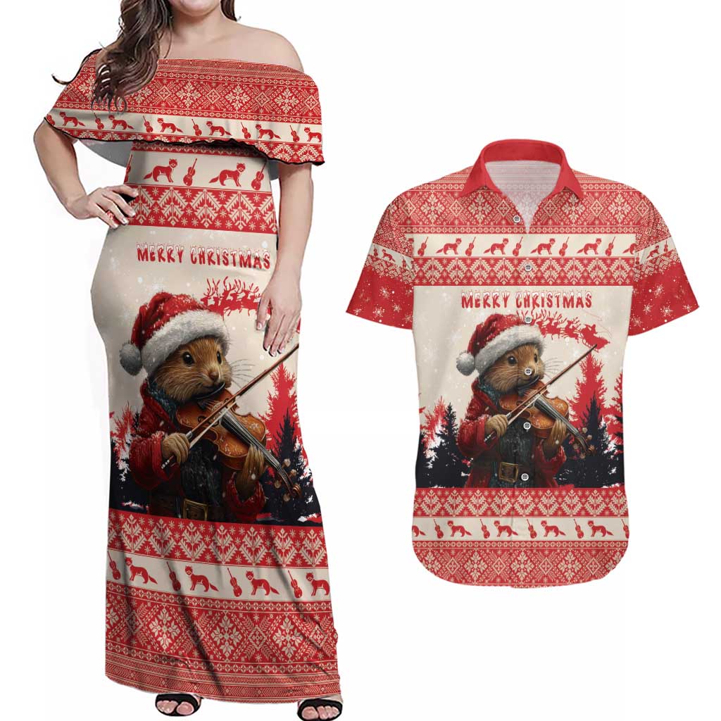 Croatia Christmas Couples Matching Off Shoulder Maxi Dress and Hawaiian Shirt Pine Marten Playing Violin - Red Color