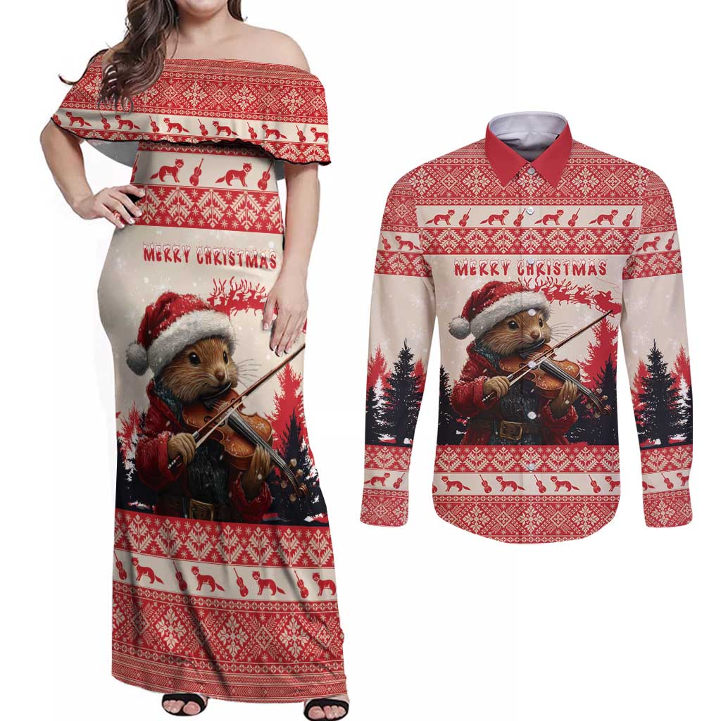 Croatia Christmas Couples Matching Off Shoulder Maxi Dress and Long Sleeve Button Shirt Pine Marten Playing Violin - Red Color