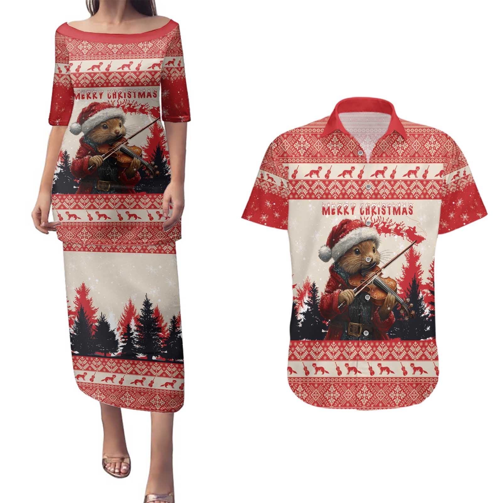 Croatia Christmas Couples Matching Puletasi and Hawaiian Shirt Pine Marten Playing Violin - Red Color