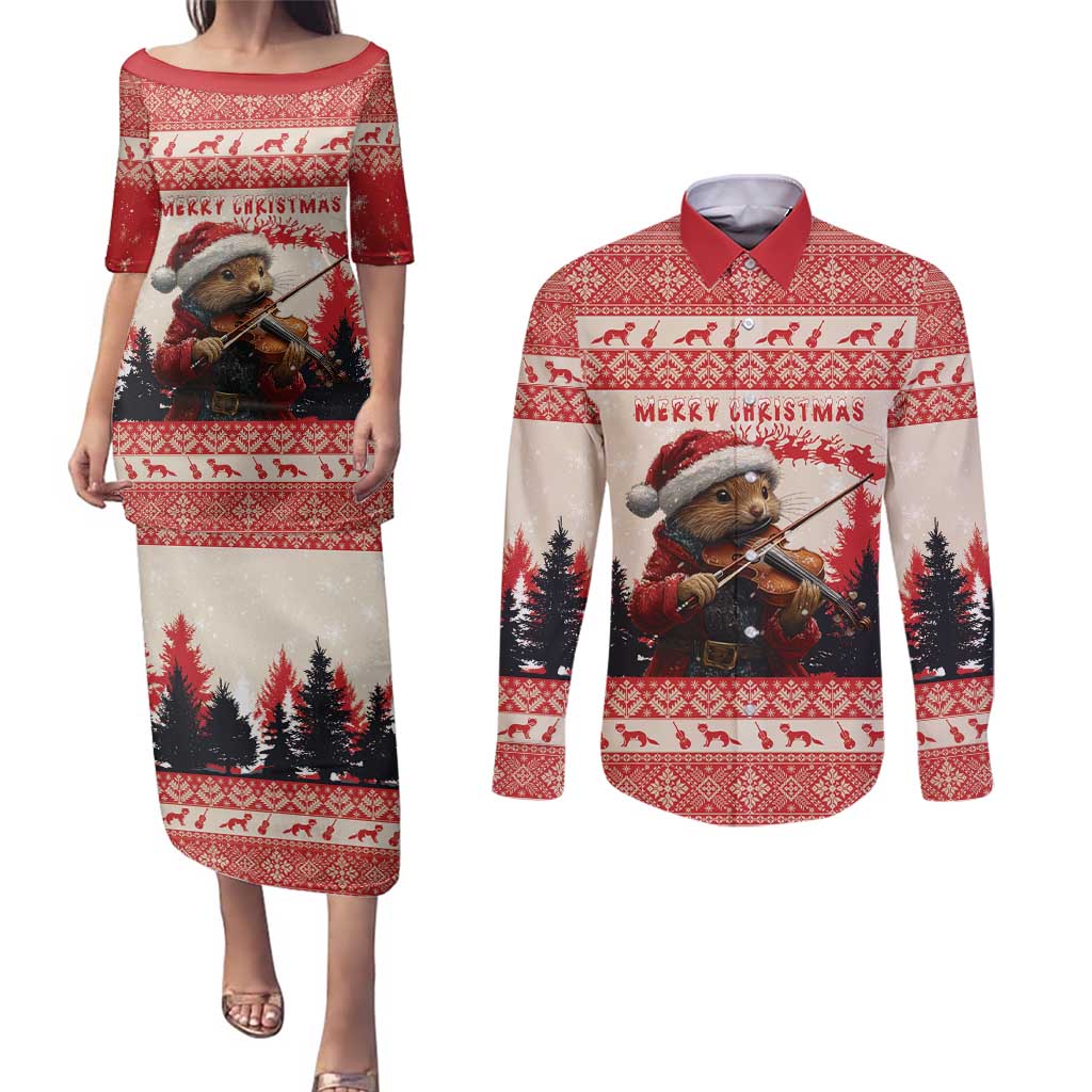 Croatia Christmas Couples Matching Puletasi and Long Sleeve Button Shirt Pine Marten Playing Violin - Red Color