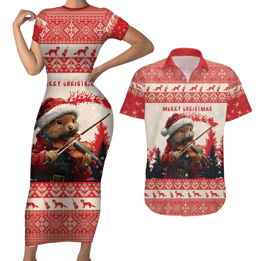 Croatia Christmas Couples Matching Short Sleeve Bodycon Dress and Hawaiian Shirt Pine Marten Playing Violin - Red Color