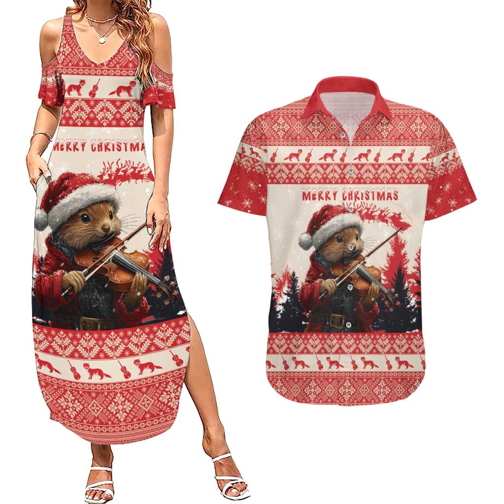 Croatia Christmas Couples Matching Summer Maxi Dress and Hawaiian Shirt Pine Marten Playing Violin - Red Color