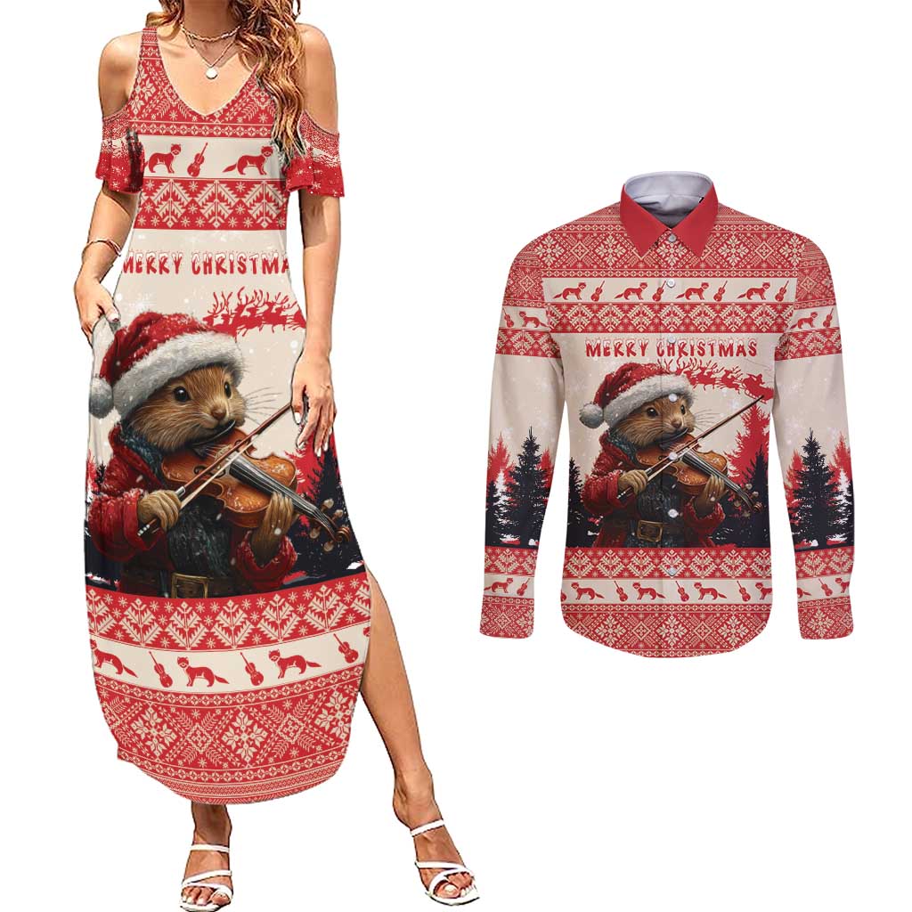 Croatia Christmas Couples Matching Summer Maxi Dress and Long Sleeve Button Shirt Pine Marten Playing Violin - Red Color