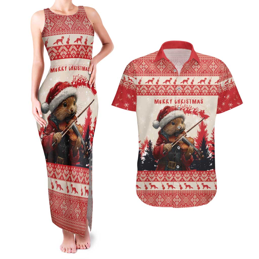 Croatia Christmas Couples Matching Tank Maxi Dress and Hawaiian Shirt Pine Marten Playing Violin - Red Color