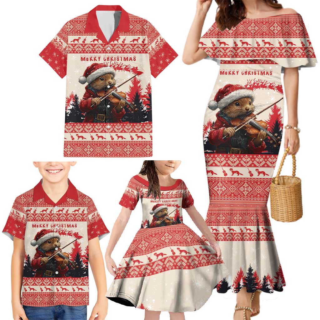 Croatia Christmas Family Matching Mermaid Dress and Hawaiian Shirt Pine Marten Playing Violin - Red Color