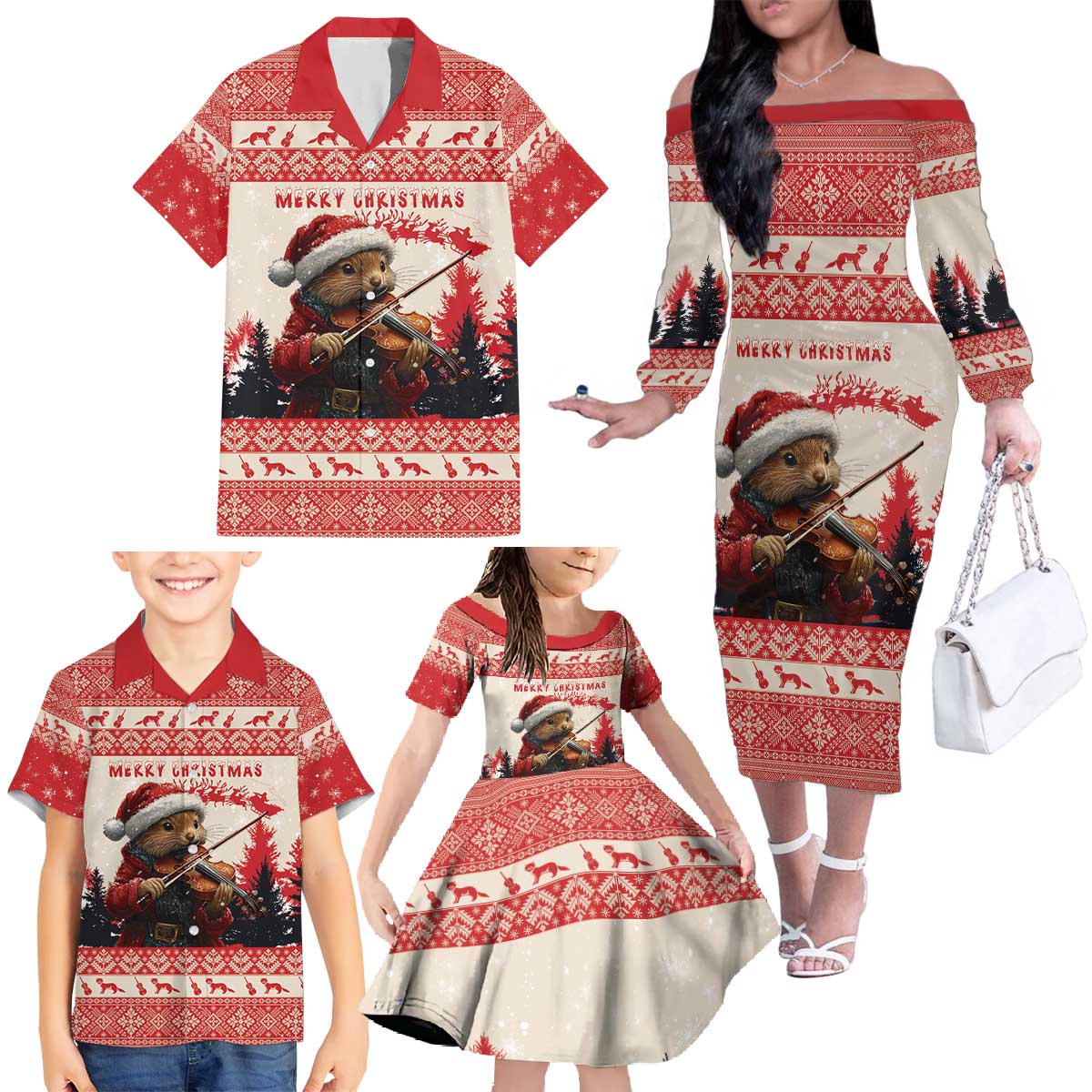 Croatia Christmas Family Matching Off The Shoulder Long Sleeve Dress and Hawaiian Shirt Pine Marten Playing Violin - Red Color