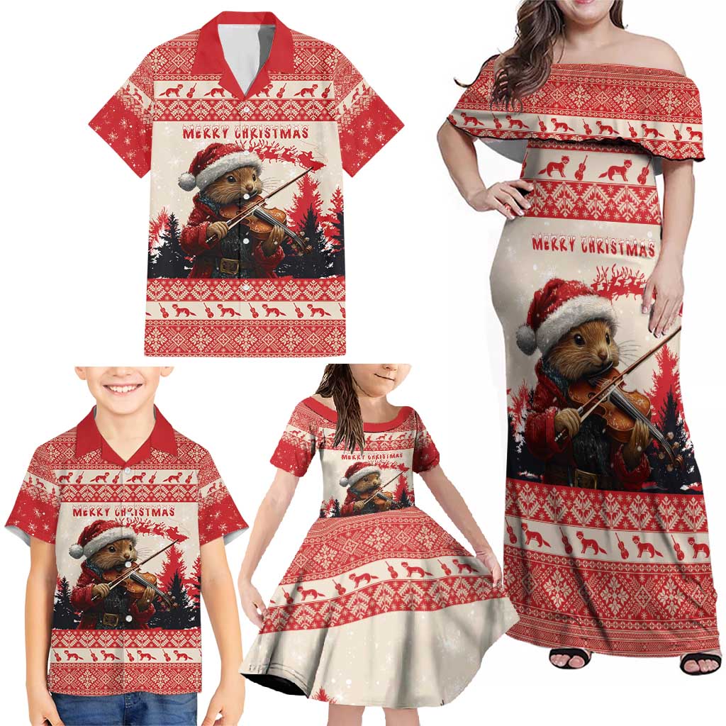 Croatia Christmas Family Matching Off Shoulder Maxi Dress and Hawaiian Shirt Pine Marten Playing Violin - Red Color