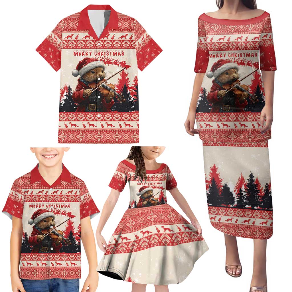 Croatia Christmas Family Matching Puletasi and Hawaiian Shirt Pine Marten Playing Violin - Red Color