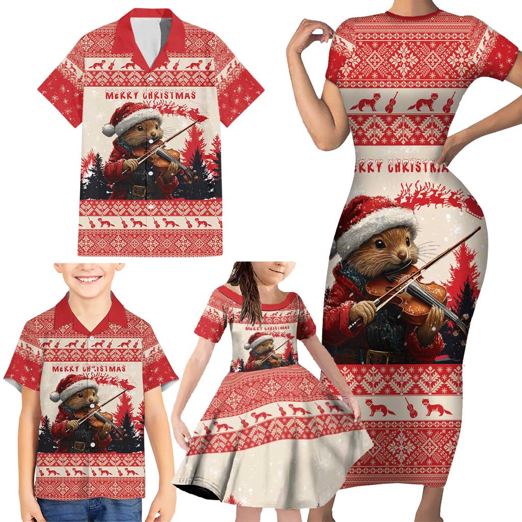 Croatia Christmas Family Matching Short Sleeve Bodycon Dress and Hawaiian Shirt Pine Marten Playing Violin - Red Color