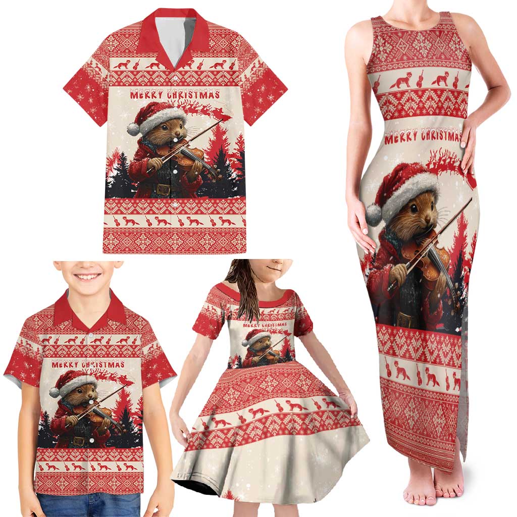 Croatia Christmas Family Matching Tank Maxi Dress and Hawaiian Shirt Pine Marten Playing Violin - Red Color