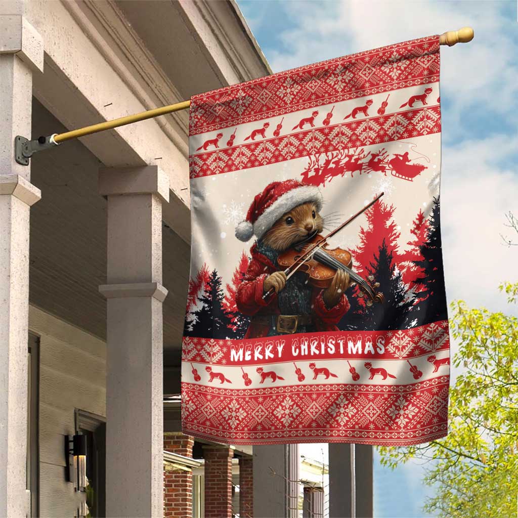 Red and white Christmas garden flag with pine marten playing violin, Merry Christmas
