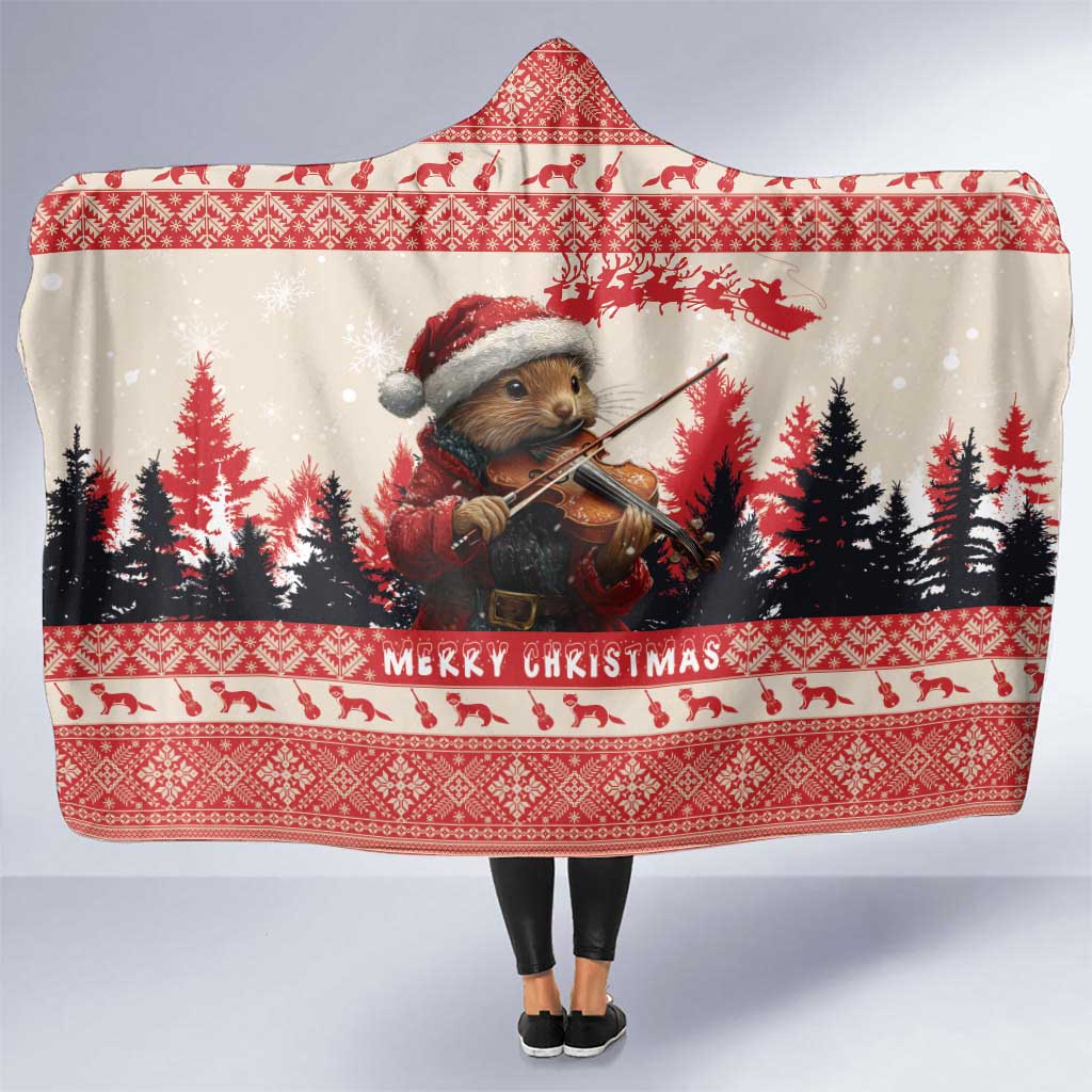 Red hooded Christmas blanket with pine trees, pine marten playing violin, and “Merry Christmas”