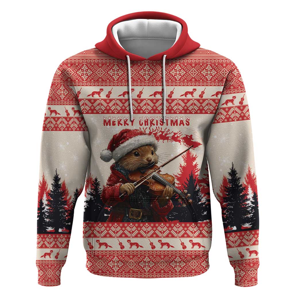 Red Christmas pullover hoodie with pine marten playing violin graphic