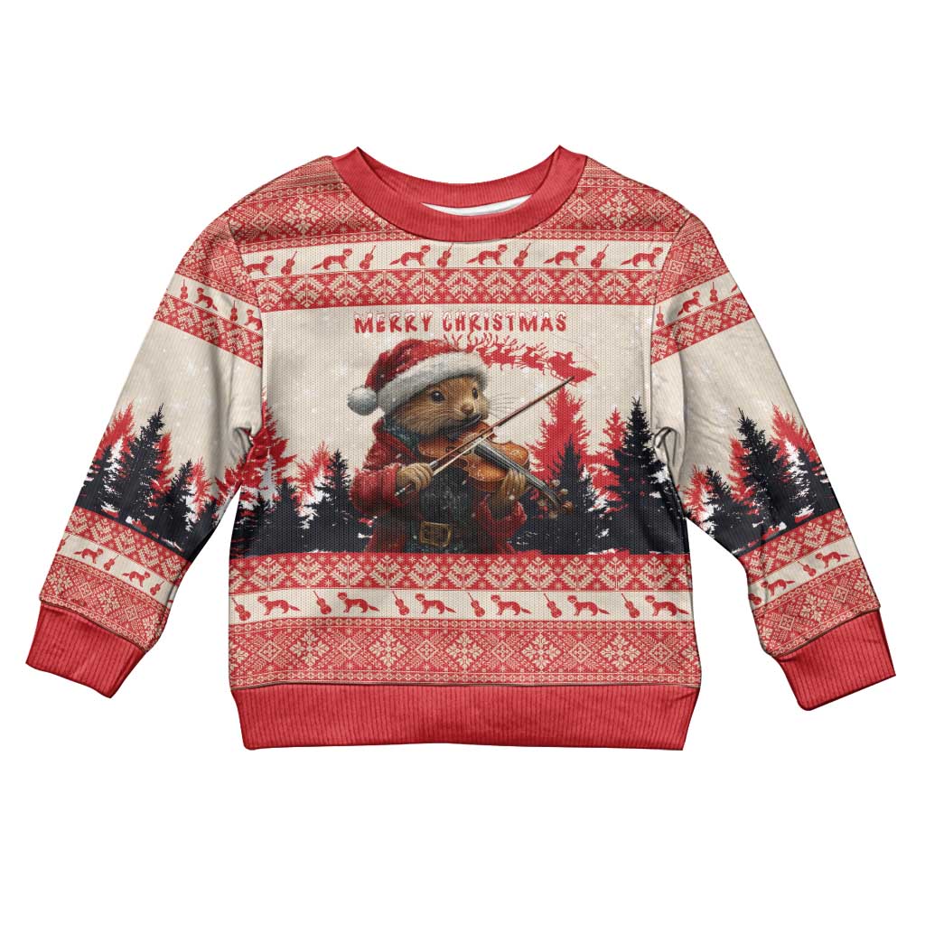 Kids' Christmas sweater with red/gray pine marten playing violin graphic