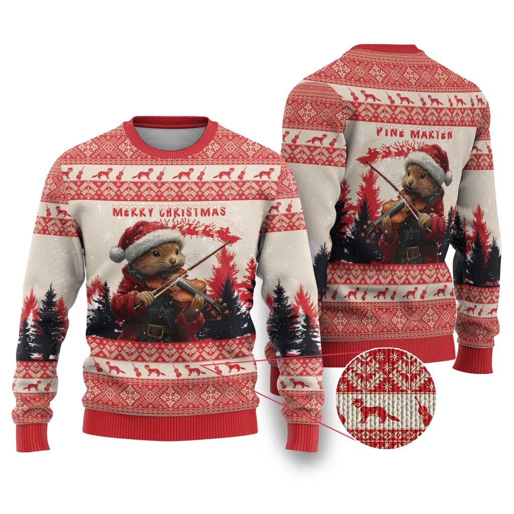 Red and cream crewneck Christmas sweater with pine marten playing violin graphic