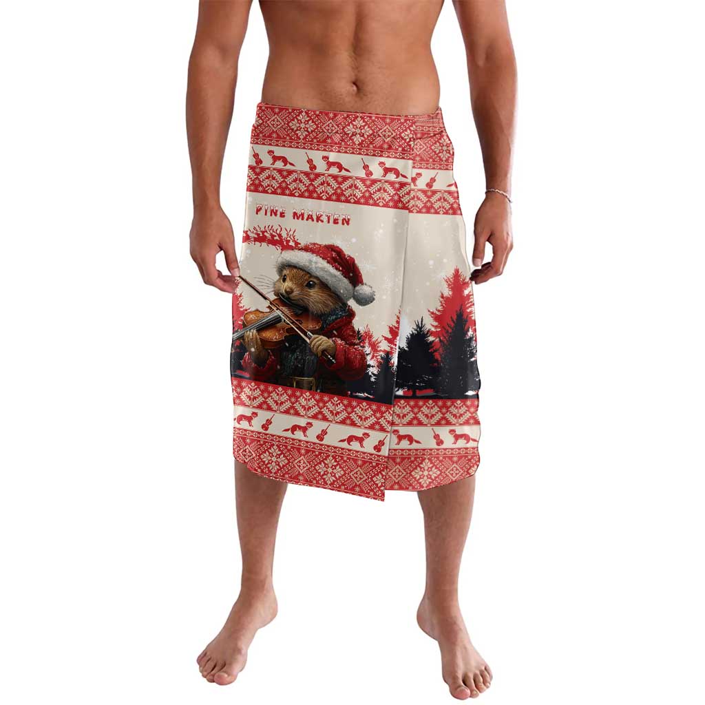 Red Christmas lavalava wrap skirt with marten playing violin and pine trees