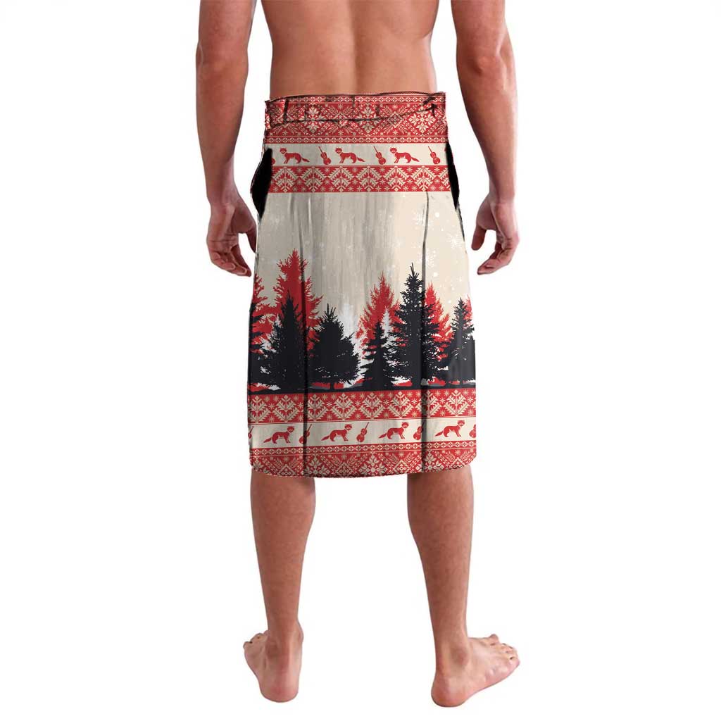 Red Christmas lavalava wrap skirt with pine tree band and patterned borders