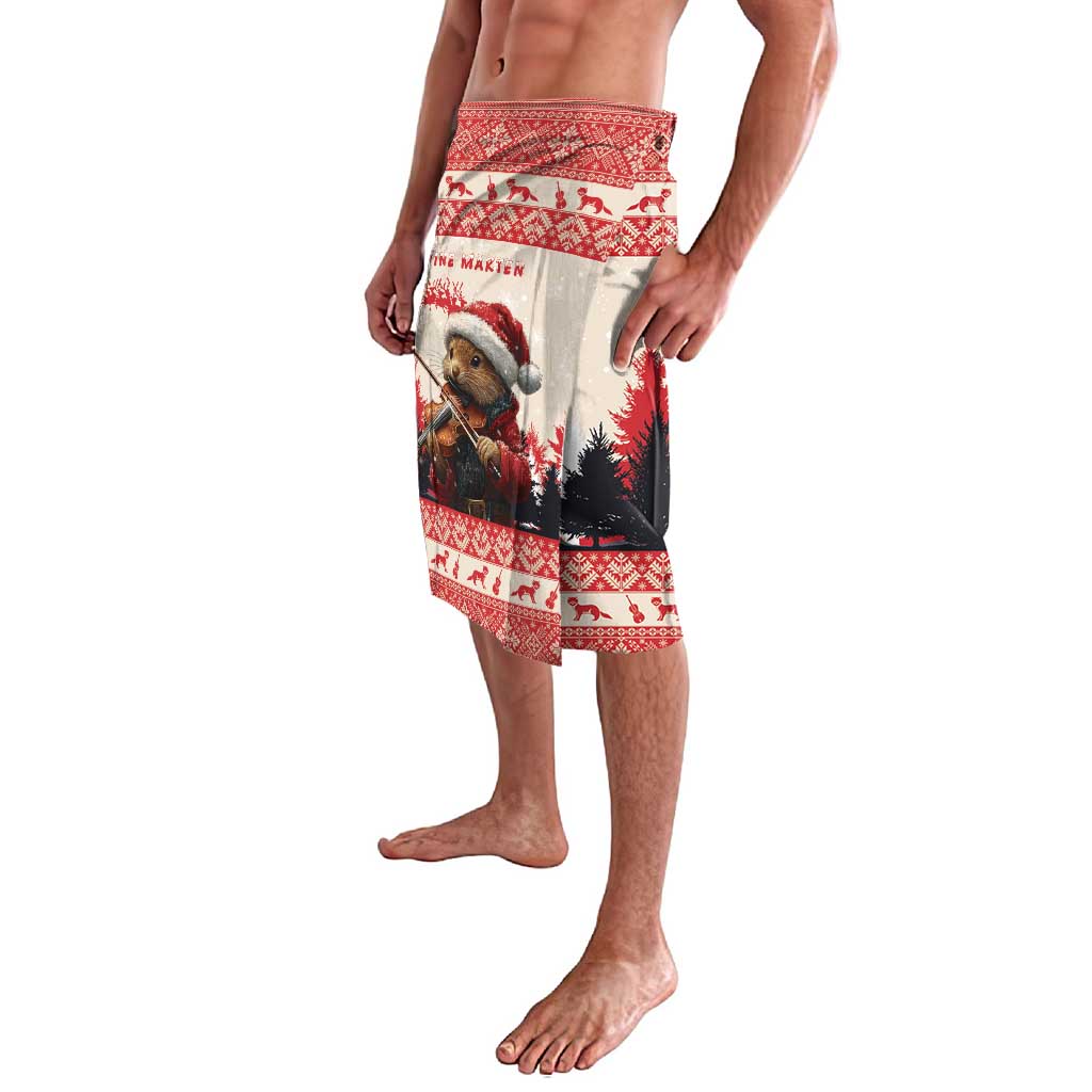 Red Christmas lavalava wrap skirt featuring marten violin graphic and pine trees
