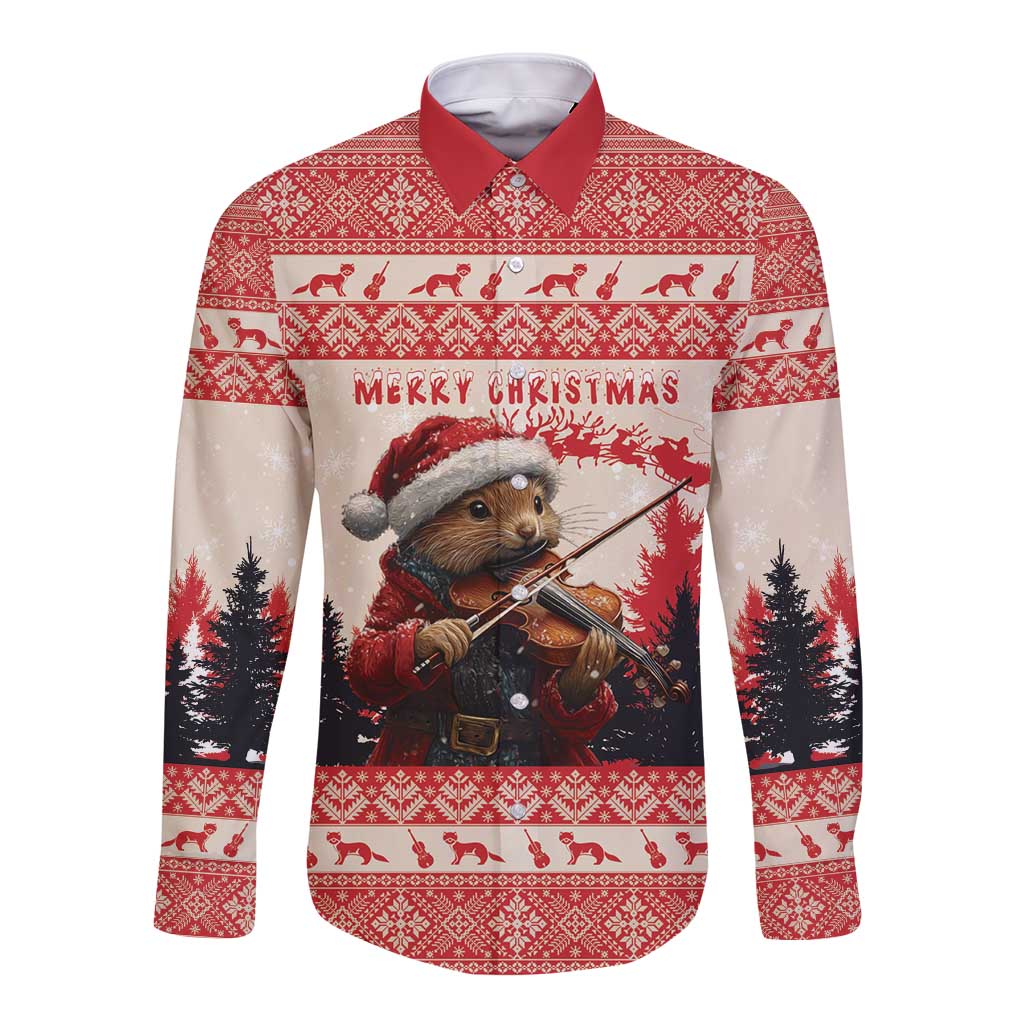 Red long-sleeve button shirt with festive pine marten violin graphic and Merry Christmas text