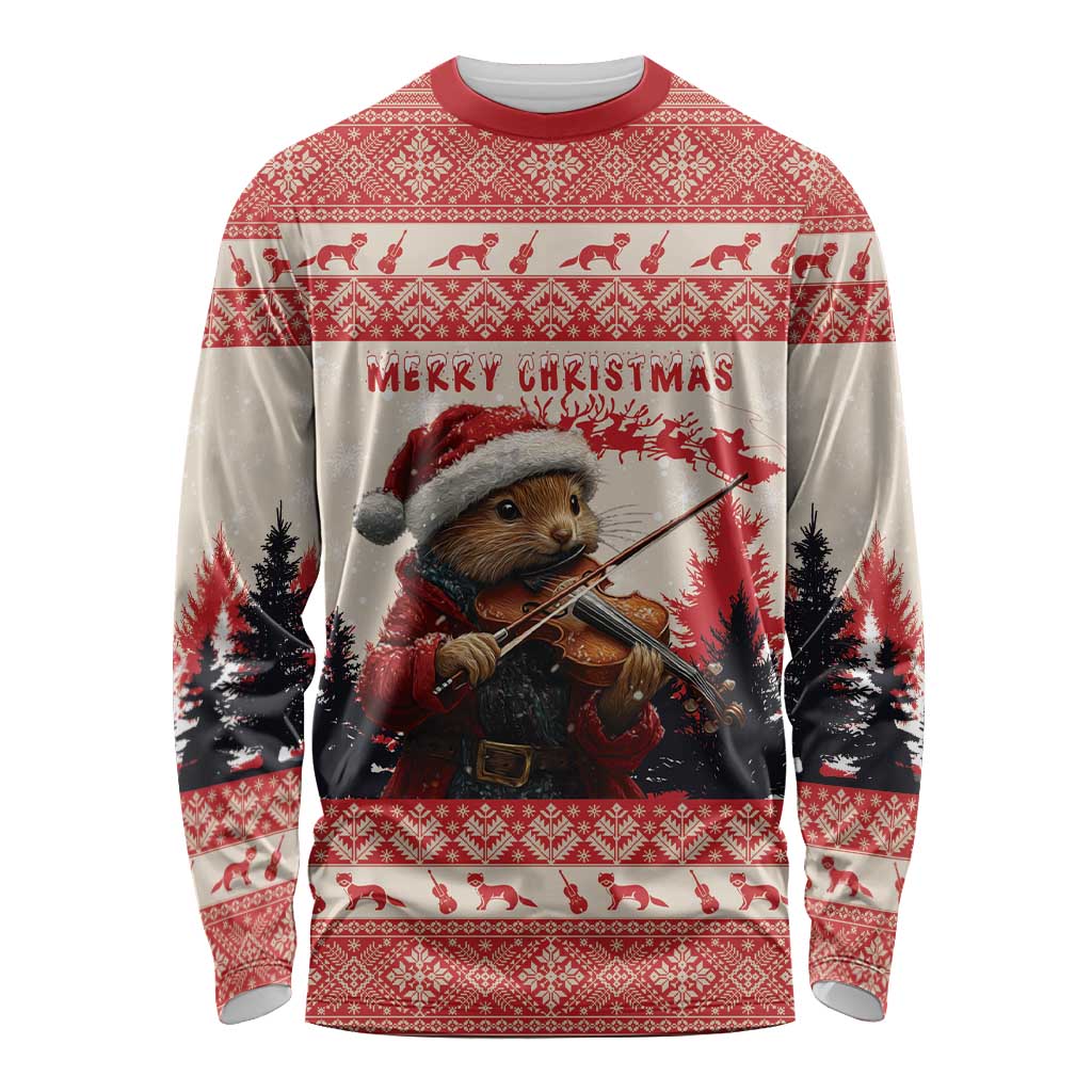 Unisex long-sleeve Christmas shirt with red patterned pine marten playing violin