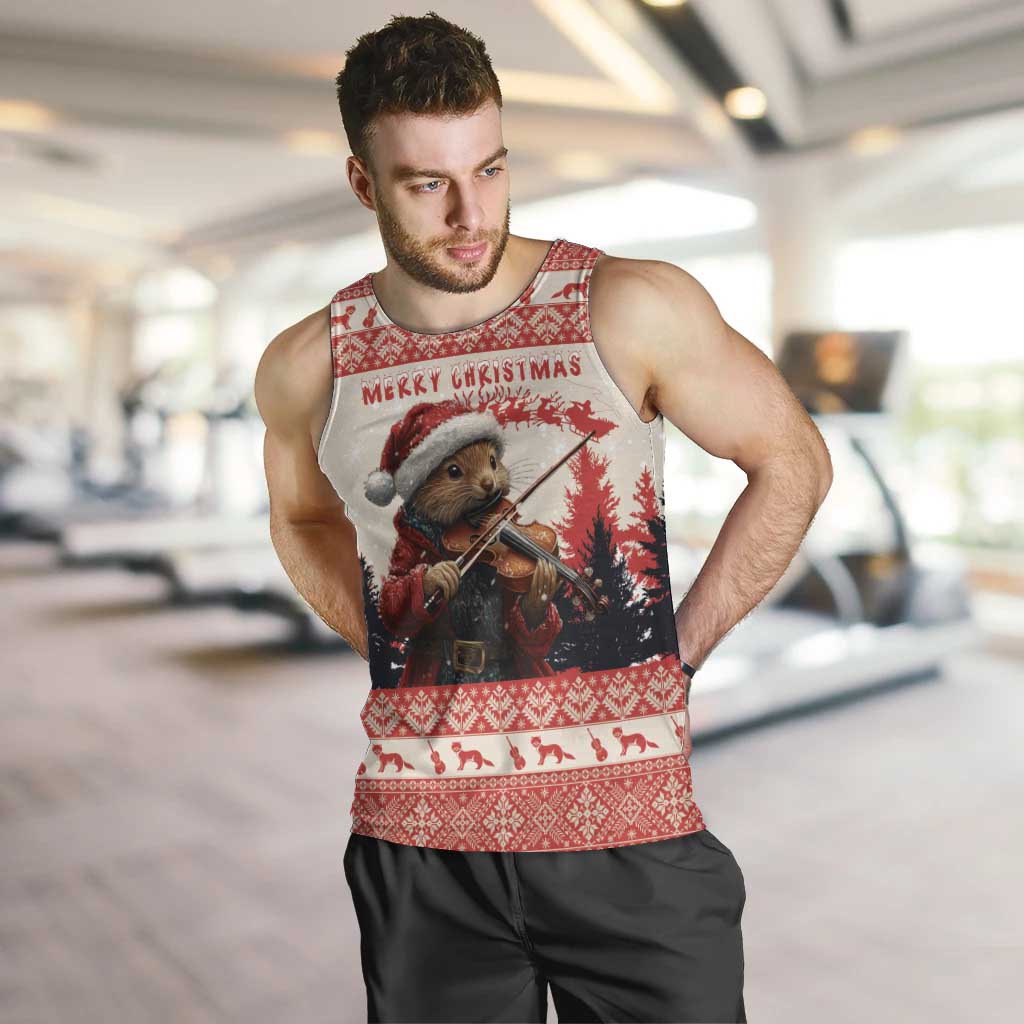 Men's red Christmas tank top with pine marten playing violin graphic, sleeveless