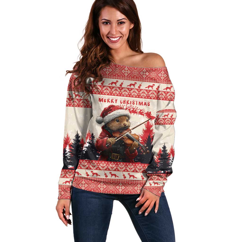 Women's off-shoulder Christmas sweater in red and cream with pine marten violin graphic