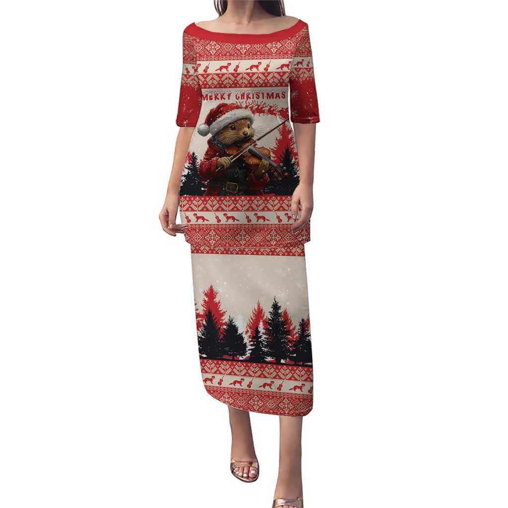Red long Christmas dress with short sleeves, festive pine marten violin print