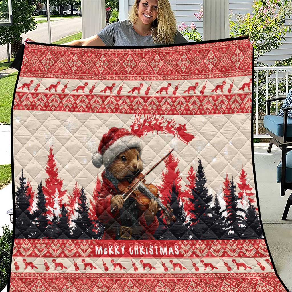 Red Christmas quilt featuring a pine marten playing violin with pine trees and 'Merry Christmas'.
