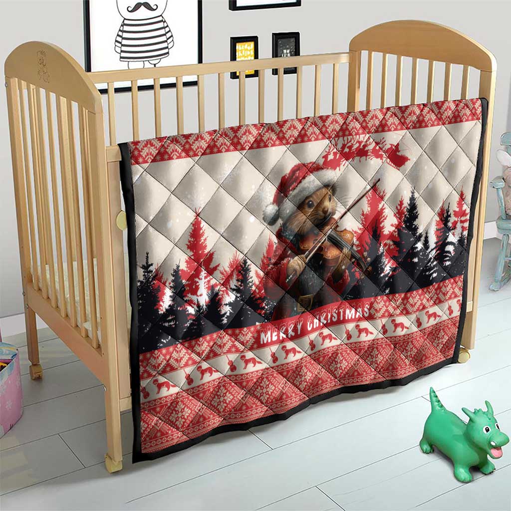 Red Christmas quilt on a wooden crib, featuring pine marten playing violin with pine trees.