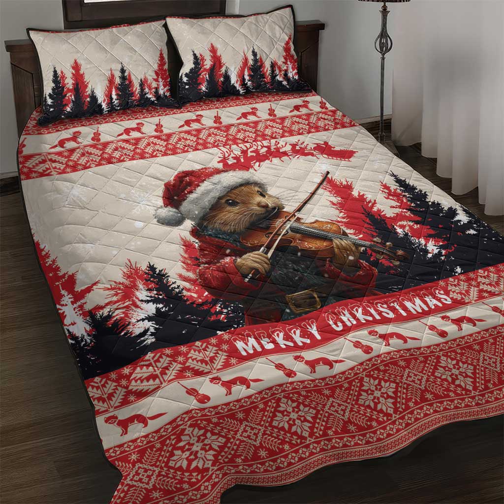 Red Christmas quilt bed set with pine marten playing violin and “Merry Christmas” trim