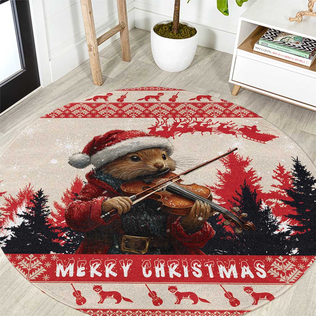 Red round Christmas carpet with pine marten playing violin and 'MERRY CHRISTMAS'