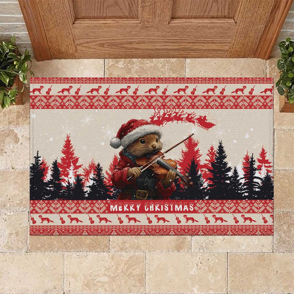 Red Christmas rubber doormat with pine marten violinist and pine trees, 'Merry Christmas' border.