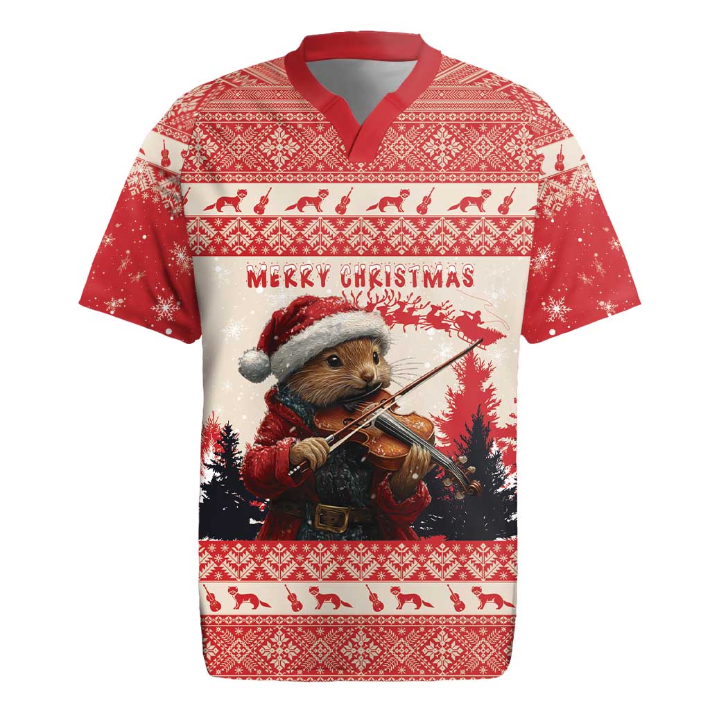 Croatia Christmas Rugby Jersey Pine Marten Playing Violin - Red Color - Wonder Print Shop