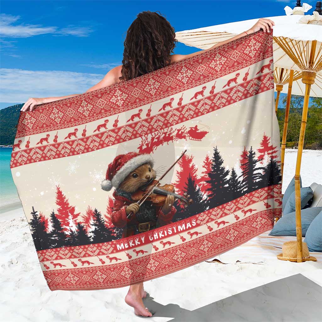 Red Christmas sarong with marten playing violin, pine trees, and festive border pattern