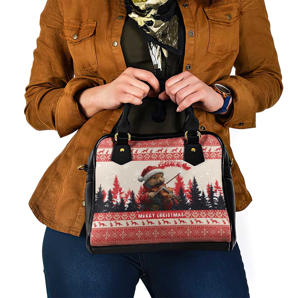 Red and black holiday shoulder handbag featuring a bird-and-tree scene and top zipper