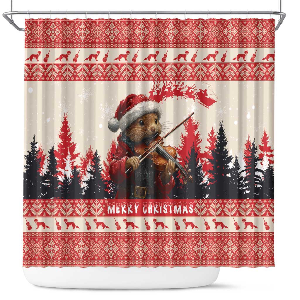 Red Christmas shower curtain with pine marten playing violin and pine tree scene