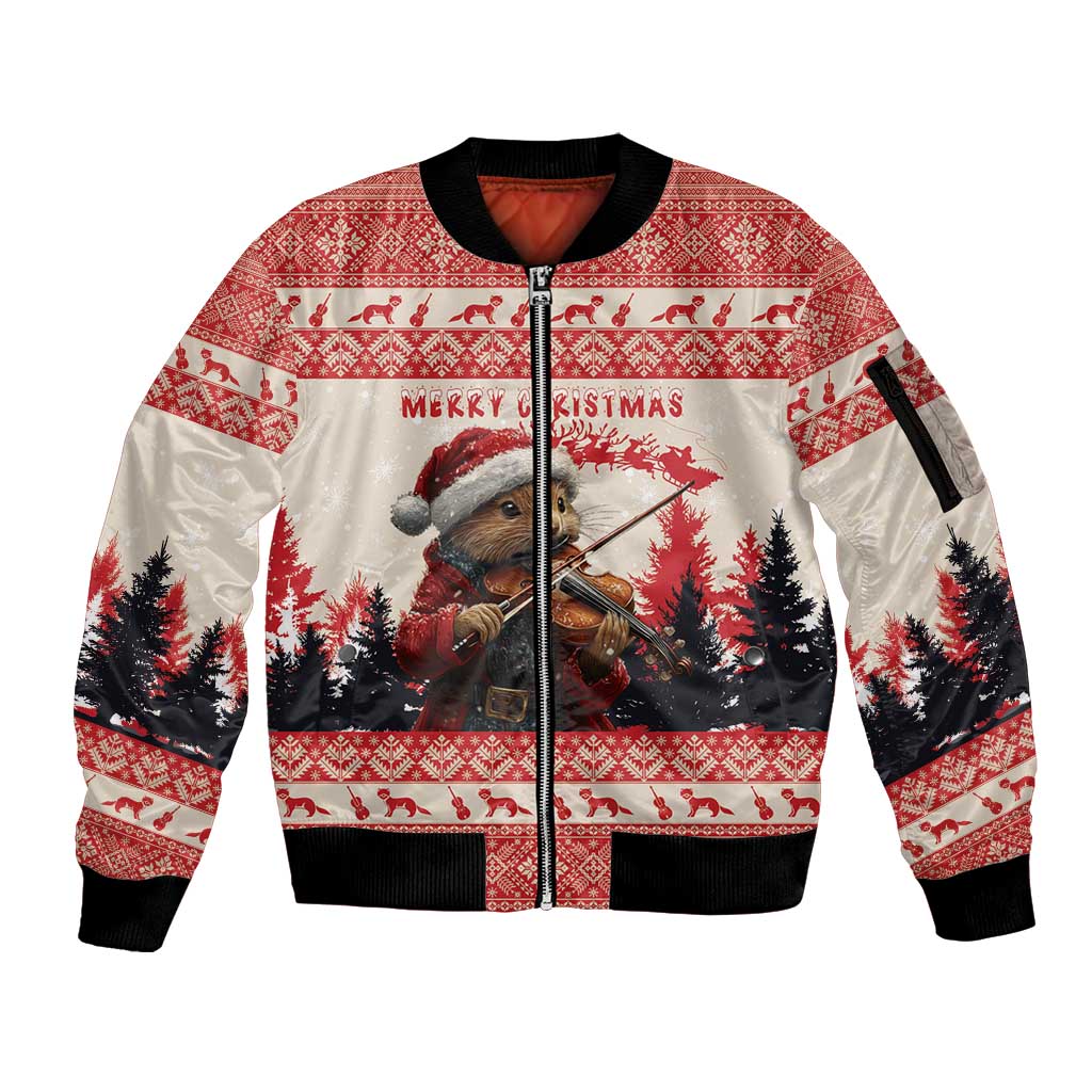 Unisex Christmas bomber jacket, red and white full-zip, pine marten violin graphic
