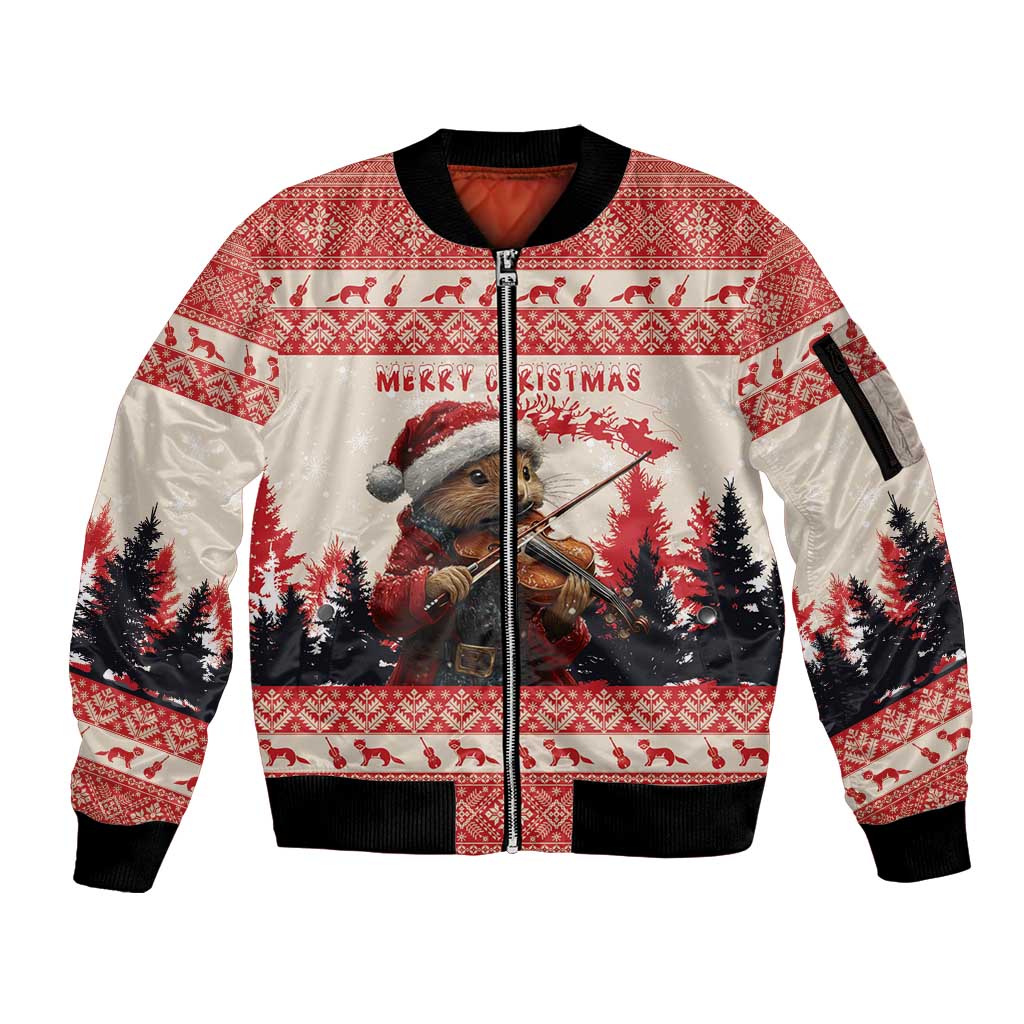 Croatia Christmas Sleeve Zip Bomber Jacket Pine Marten Playing Violin - Red Color - Wonder Print Shop