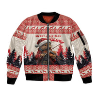 Unisex Christmas bomber jacket, red and white full-zip, pine marten violin graphic