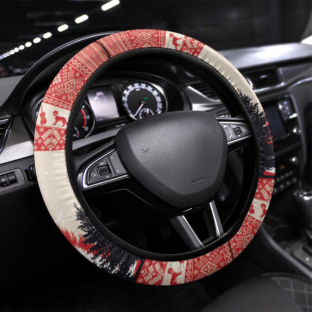 Red and white holiday patterned steering wheel cover with faux fur trim