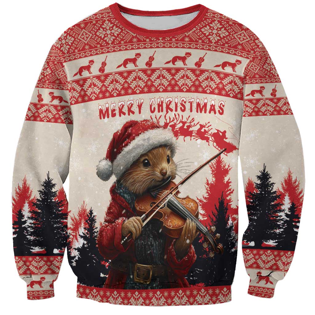 Unisex red Christmas sweatshirt with pine marten playing violin graphic