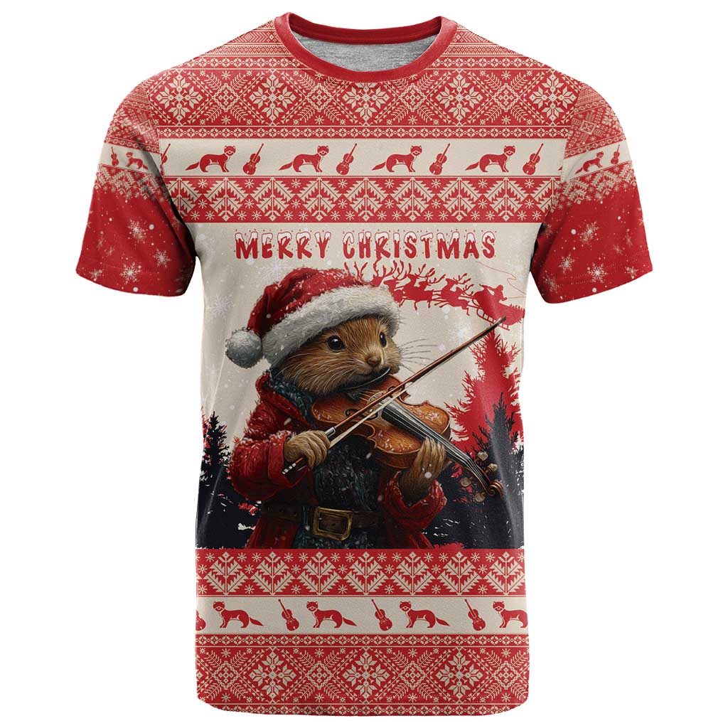 Red and white Christmas T-shirt with pine marten playing violin graphic and “Merry Christmas”
